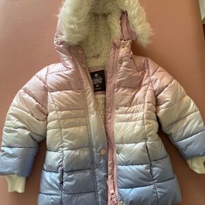 Pink and White Puffer Jacket with Faux Fur Hood
